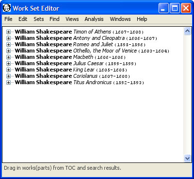 Work set editor window with Shakespeare Tragedies except Hamlet